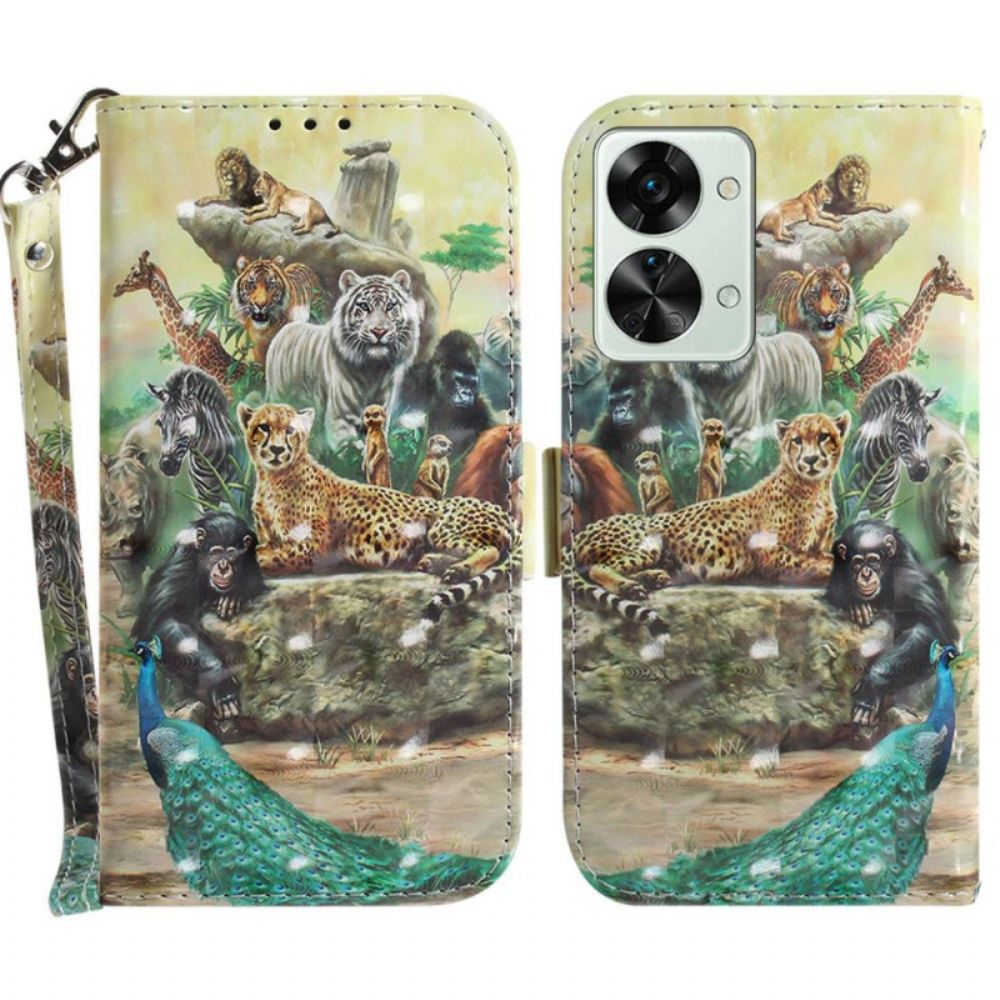 Folio-hoesje voor OnePlus Nord 2T 5G Met Ketting Thong Safari Dieren