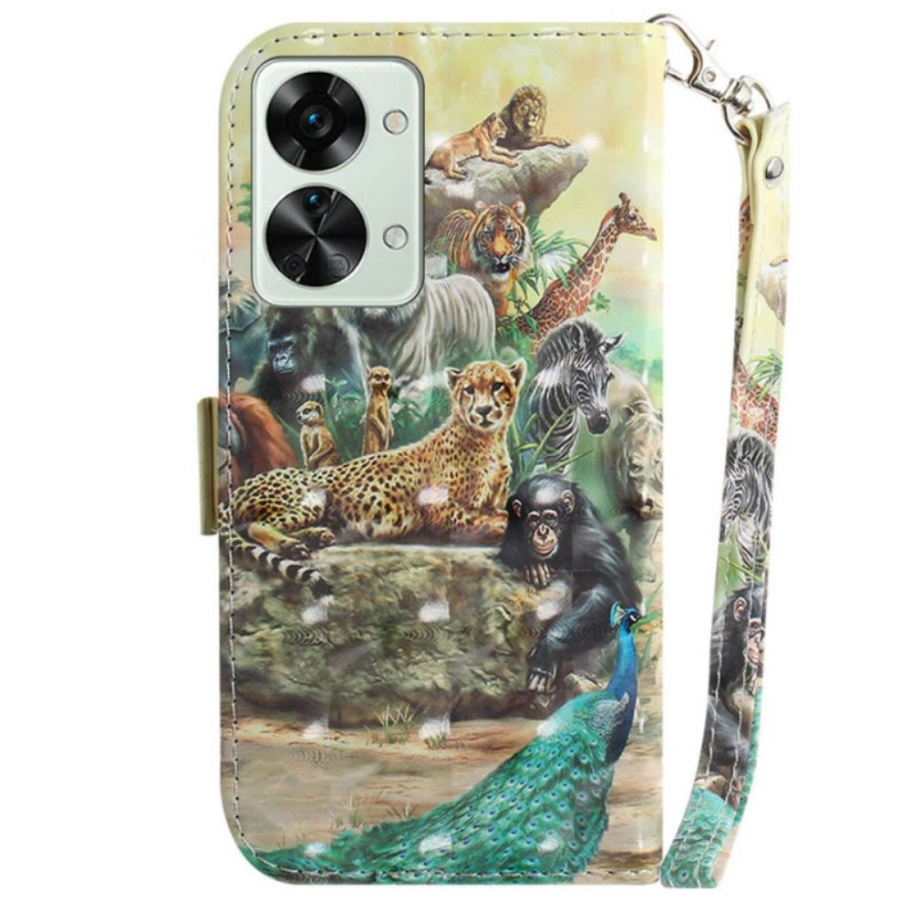 Folio-hoesje voor OnePlus Nord 2T 5G Met Ketting Thong Safari Dieren