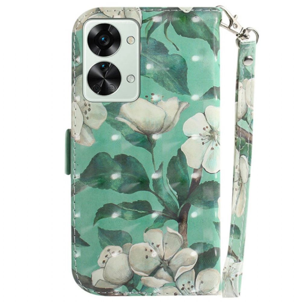 Folio-hoesje voor OnePlus Nord 2T 5G Met Ketting Witte Band Bloemen