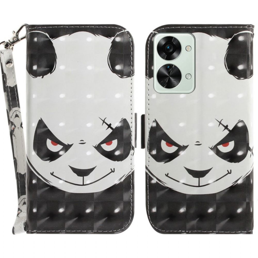 Leren Hoesje voor OnePlus Nord 2T 5G Met Ketting Boze Panda Met Riem