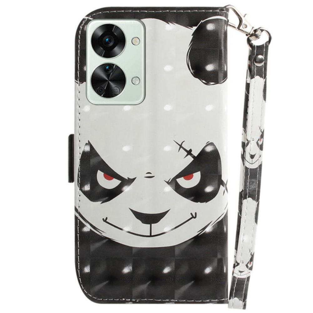 Leren Hoesje voor OnePlus Nord 2T 5G Met Ketting Boze Panda Met Riem