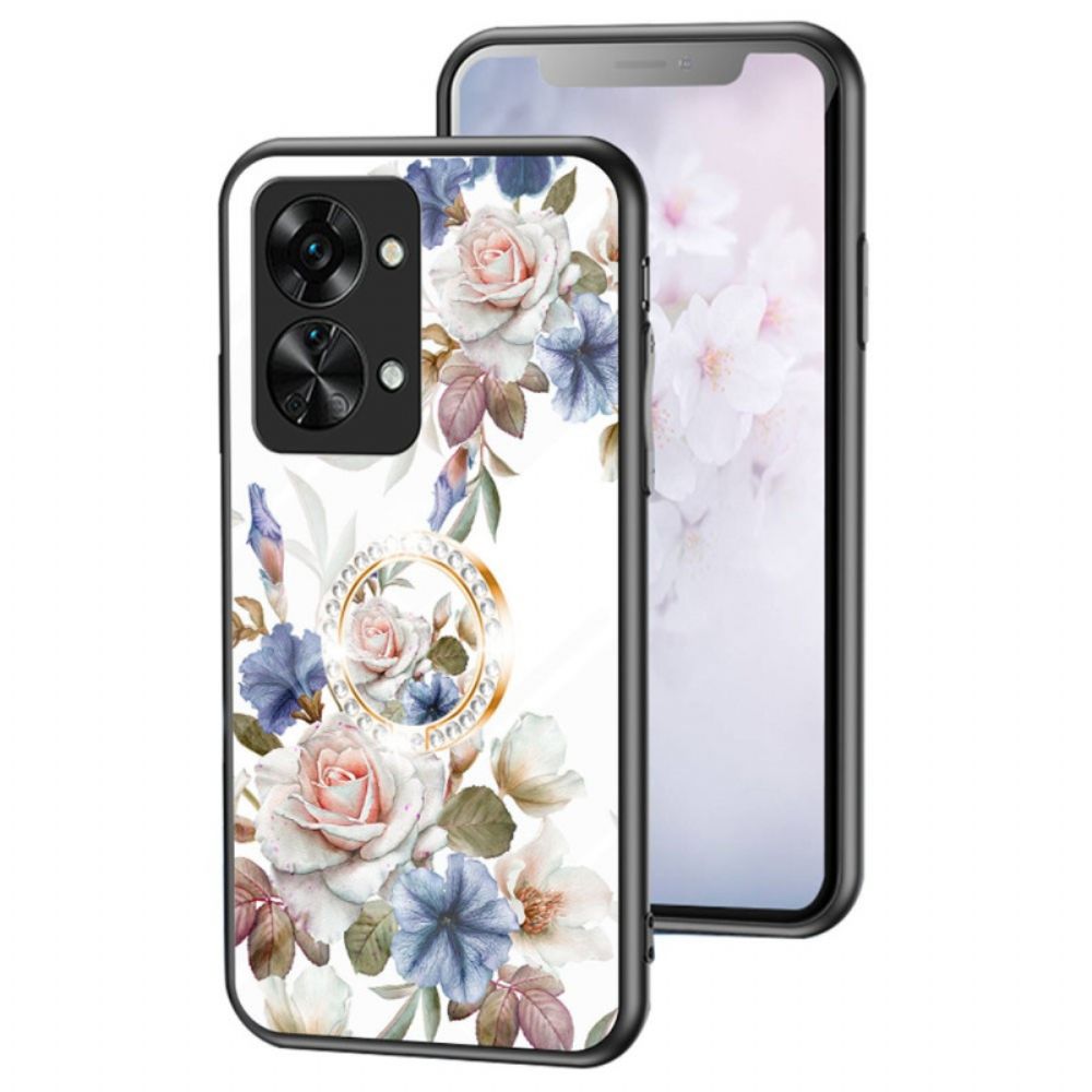 Telefoonhoesje voor OnePlus Nord 2T 5G Gehard Glas Bloemen Ring Diamanten