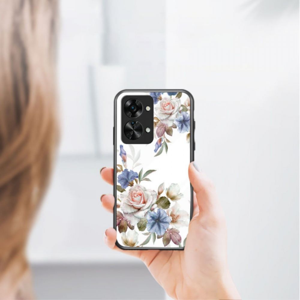 Telefoonhoesje voor OnePlus Nord 2T 5G Gehard Glas Bloemen Ring Diamanten