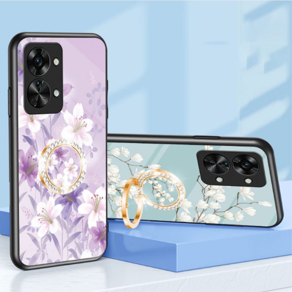 Telefoonhoesje voor OnePlus Nord 2T 5G Gehard Glas Bloemen Ring Diamanten