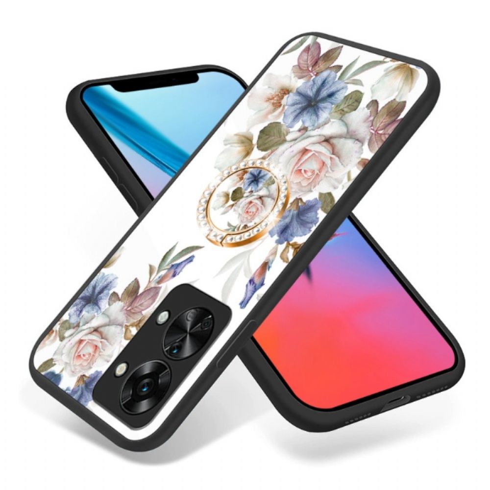 Telefoonhoesje voor OnePlus Nord 2T 5G Gehard Glas Bloemen Ring Diamanten