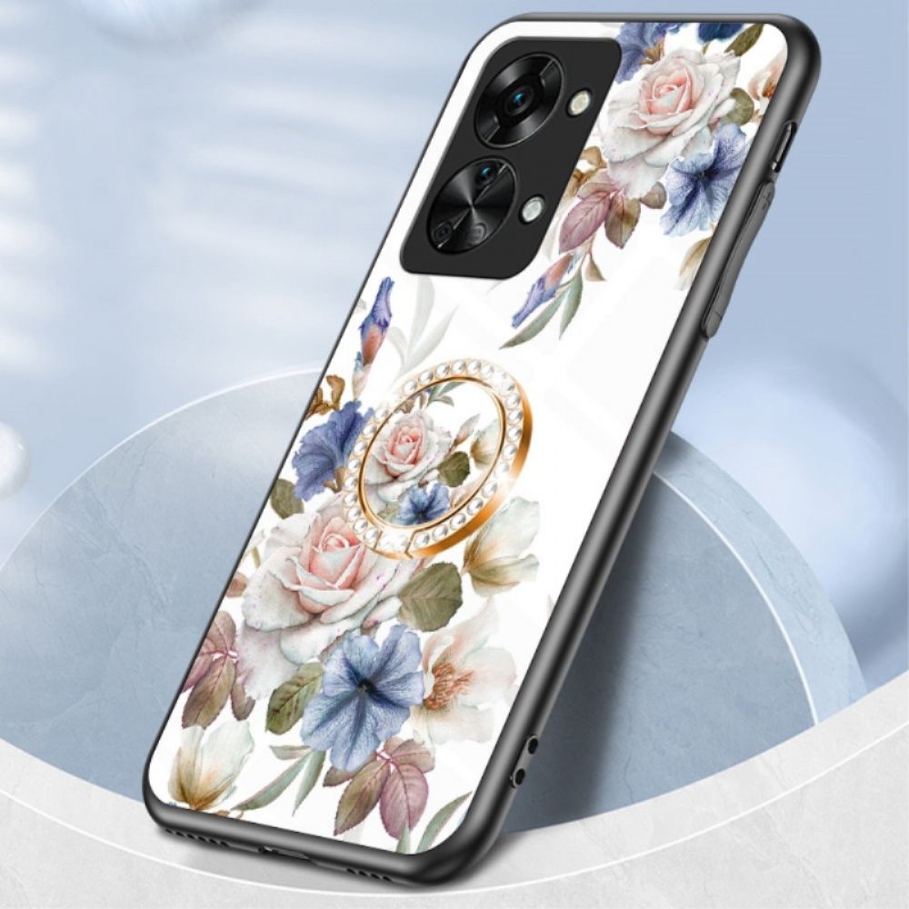 Telefoonhoesje voor OnePlus Nord 2T 5G Gehard Glas Bloemen Ring Diamanten