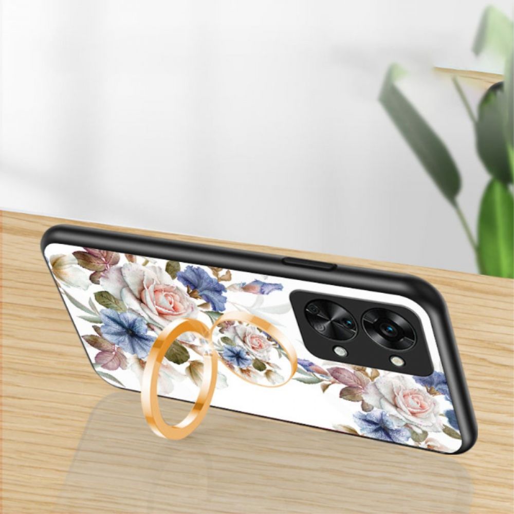 Telefoonhoesje voor OnePlus Nord 2T 5G Gehard Glas Bloemen Ring Diamanten