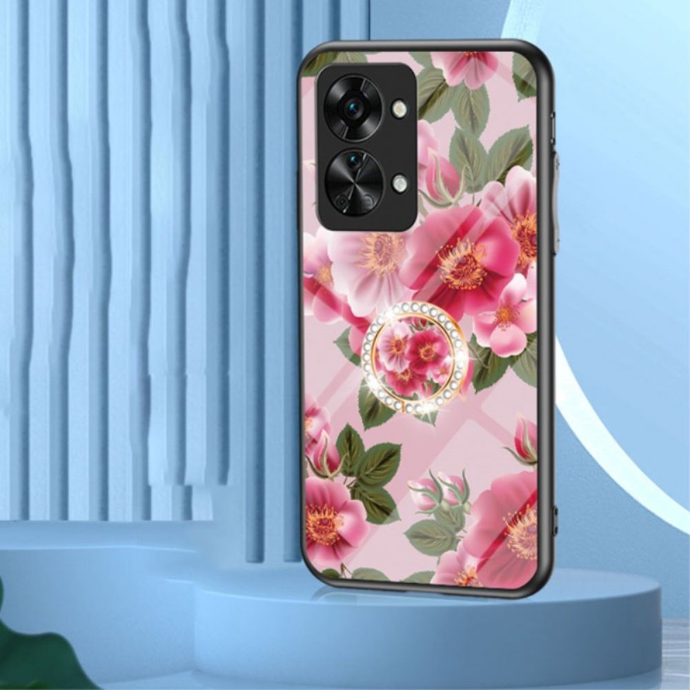 Telefoonhoesje voor OnePlus Nord 2T 5G Gehard Glas Bloemen Ring Diamanten