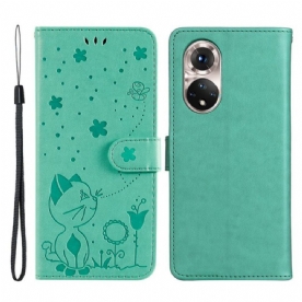 Folio-hoesje voor Honor 50 Met Ketting Kat En Bij Met Lanyard