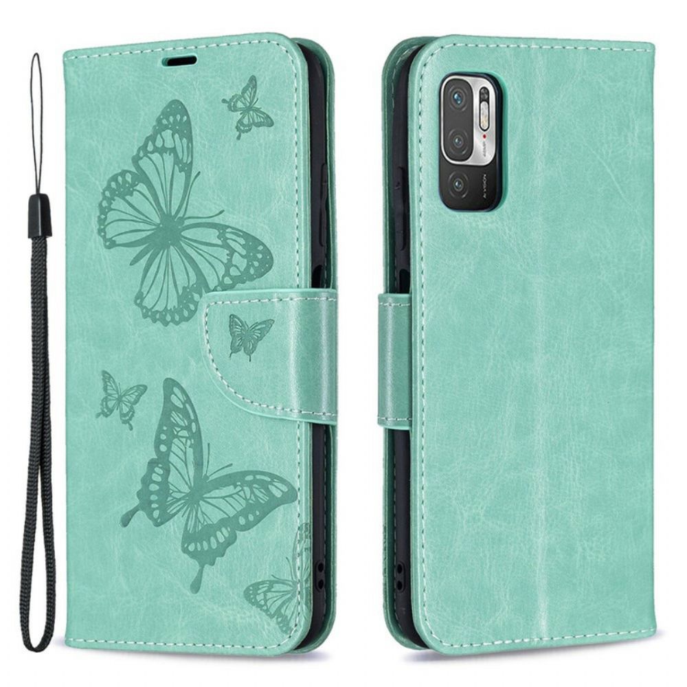 Folio-hoesje voor Xiaomi Redmi Note 10 5G / Poco M3 Pro 5G Met Ketting Bandje Met Vlinderprint