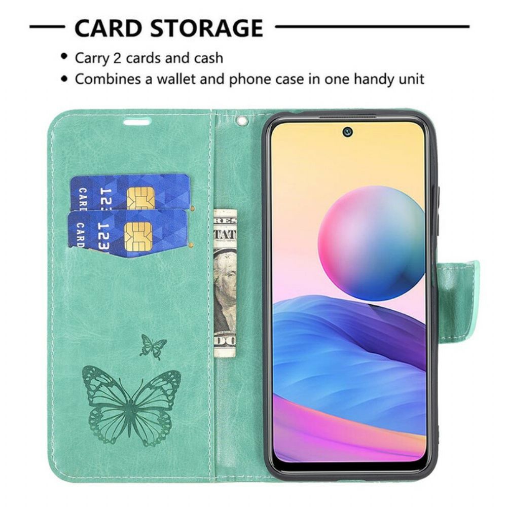 Folio-hoesje voor Xiaomi Redmi Note 10 5G / Poco M3 Pro 5G Met Ketting Bandje Met Vlinderprint