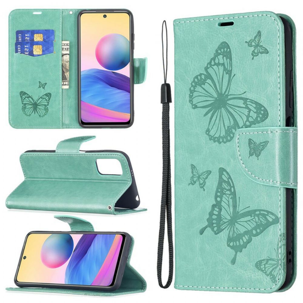 Folio-hoesje voor Xiaomi Redmi Note 10 5G / Poco M3 Pro 5G Met Ketting Bandje Met Vlinderprint