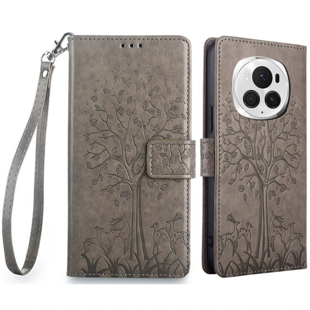 Leren Hoesje Voor Honor Magic 6 Pro Patroon Van Herten En Bomen