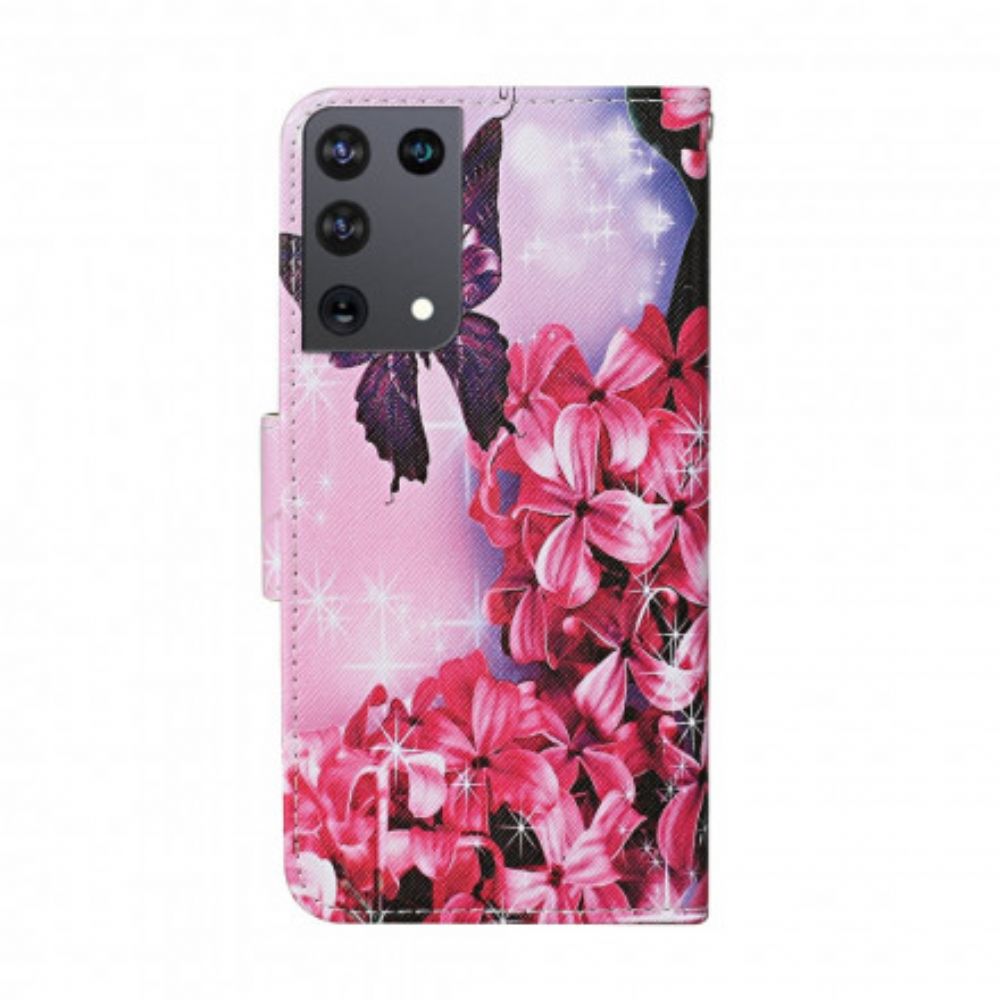 Folio-hoesje voor Samsung Galaxy S21 Ultra 5G Bloemen Vlinders Band