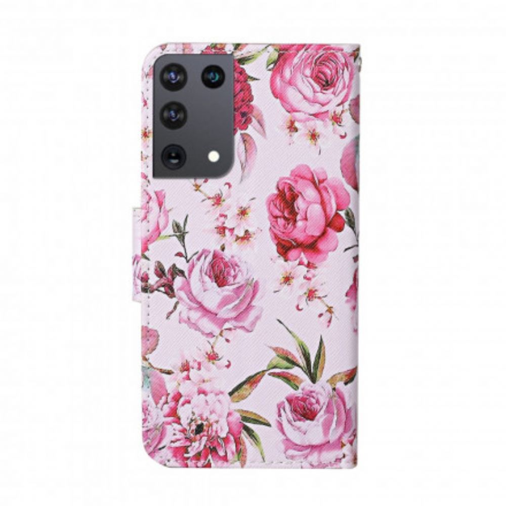 Folio-hoesje voor Samsung Galaxy S21 Ultra 5G Meesterlijke Bloemen Met Riem