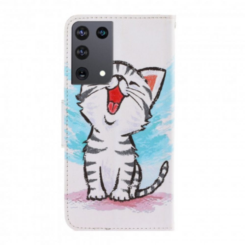 Folio-hoesje voor Samsung Galaxy S21 Ultra 5G Met Ketting Band Gekleurd Kitten