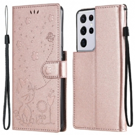 Folio-hoesje voor Samsung Galaxy S21 Ultra 5G Met Ketting Kat En Bij Met Riem