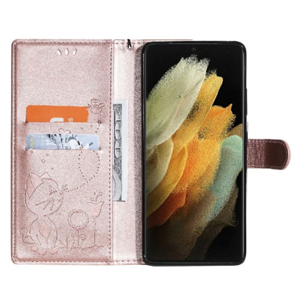 Folio-hoesje voor Samsung Galaxy S21 Ultra 5G Met Ketting Kat En Bij Met Riem