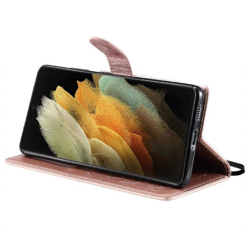 Folio-hoesje voor Samsung Galaxy S21 Ultra 5G Met Ketting Kat En Bij Met Riem