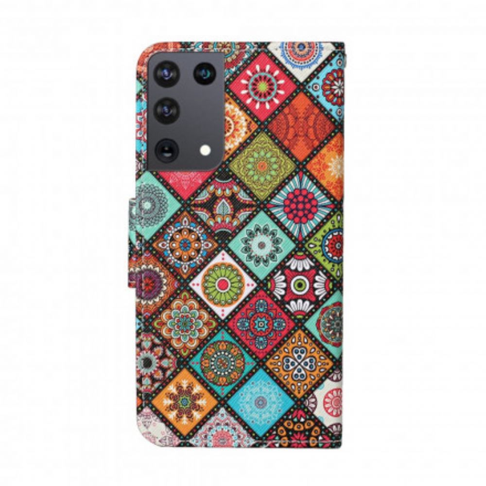 Folio-hoesje voor Samsung Galaxy S21 Ultra 5G Patchwork-mandala's Met Koord