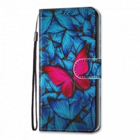 Folio-hoesje voor Samsung Galaxy S21 Ultra 5G Rode Vlinder Op Blauwe Achtergrond