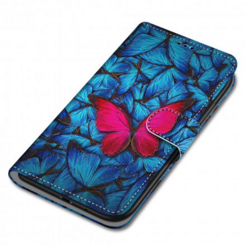 Folio-hoesje voor Samsung Galaxy S21 Ultra 5G Rode Vlinder Op Blauwe Achtergrond