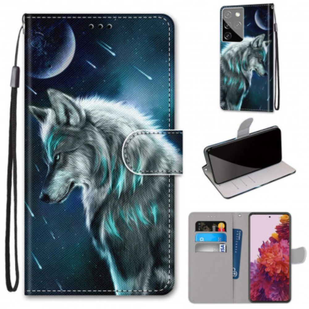 Folio-hoesje voor Samsung Galaxy S21 Ultra 5G Wolf Onder Een Regen Van Sterren