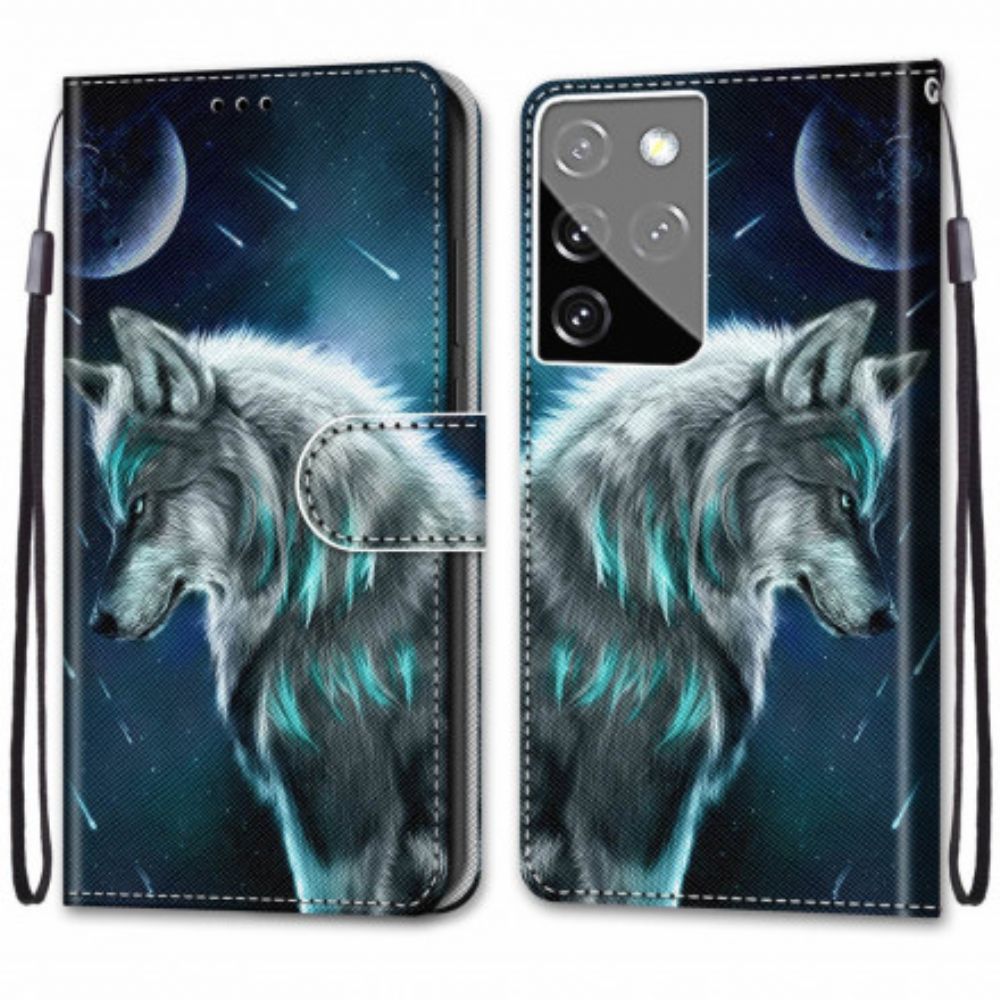 Folio-hoesje voor Samsung Galaxy S21 Ultra 5G Wolf Onder Een Regen Van Sterren