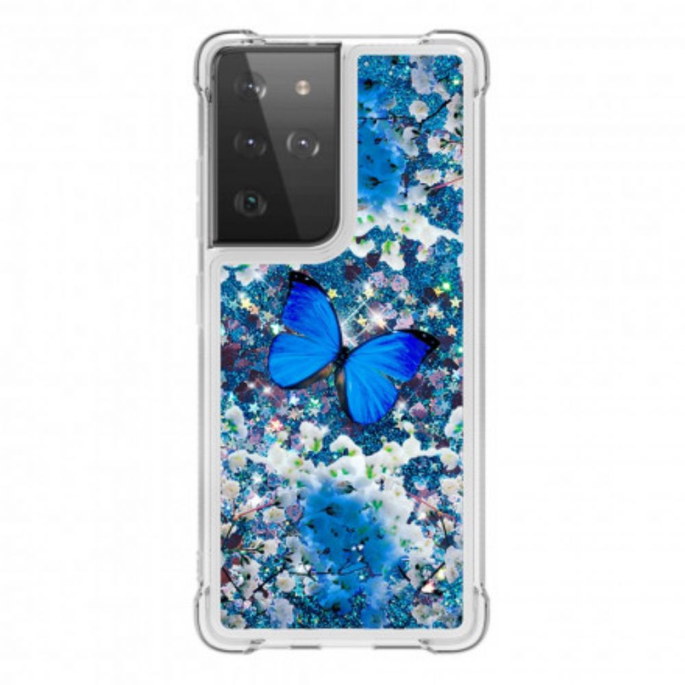 Hoesje voor Samsung Galaxy S21 Ultra 5G Blauwe Glittervlinders