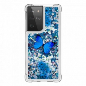 Hoesje voor Samsung Galaxy S21 Ultra 5G Blauwe Glittervlinders