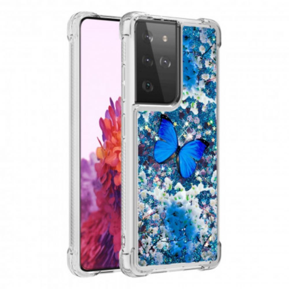 Hoesje voor Samsung Galaxy S21 Ultra 5G Blauwe Glittervlinders