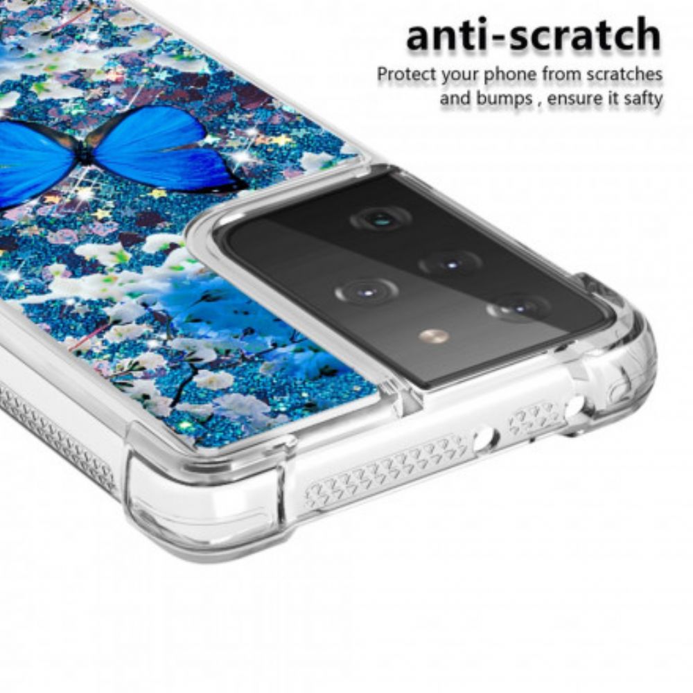 Hoesje voor Samsung Galaxy S21 Ultra 5G Blauwe Glittervlinders