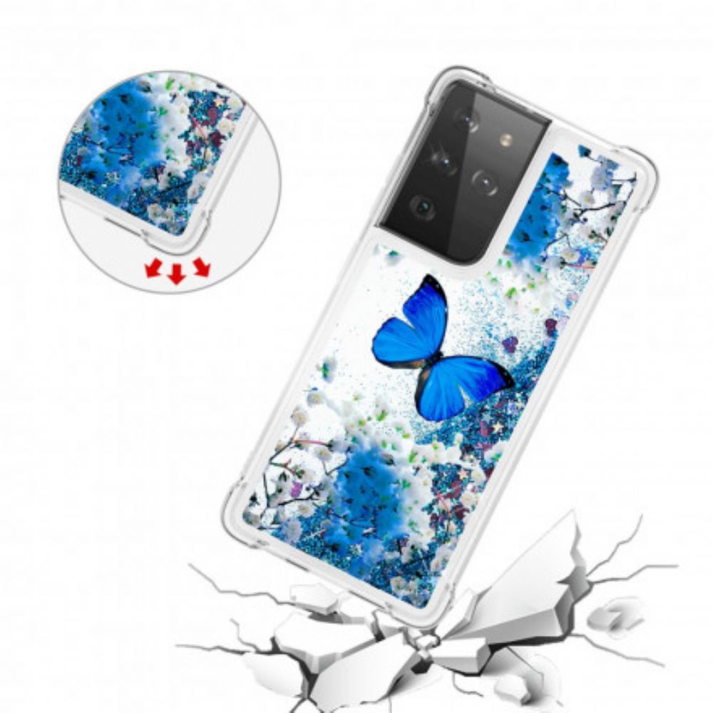 Hoesje voor Samsung Galaxy S21 Ultra 5G Blauwe Glittervlinders