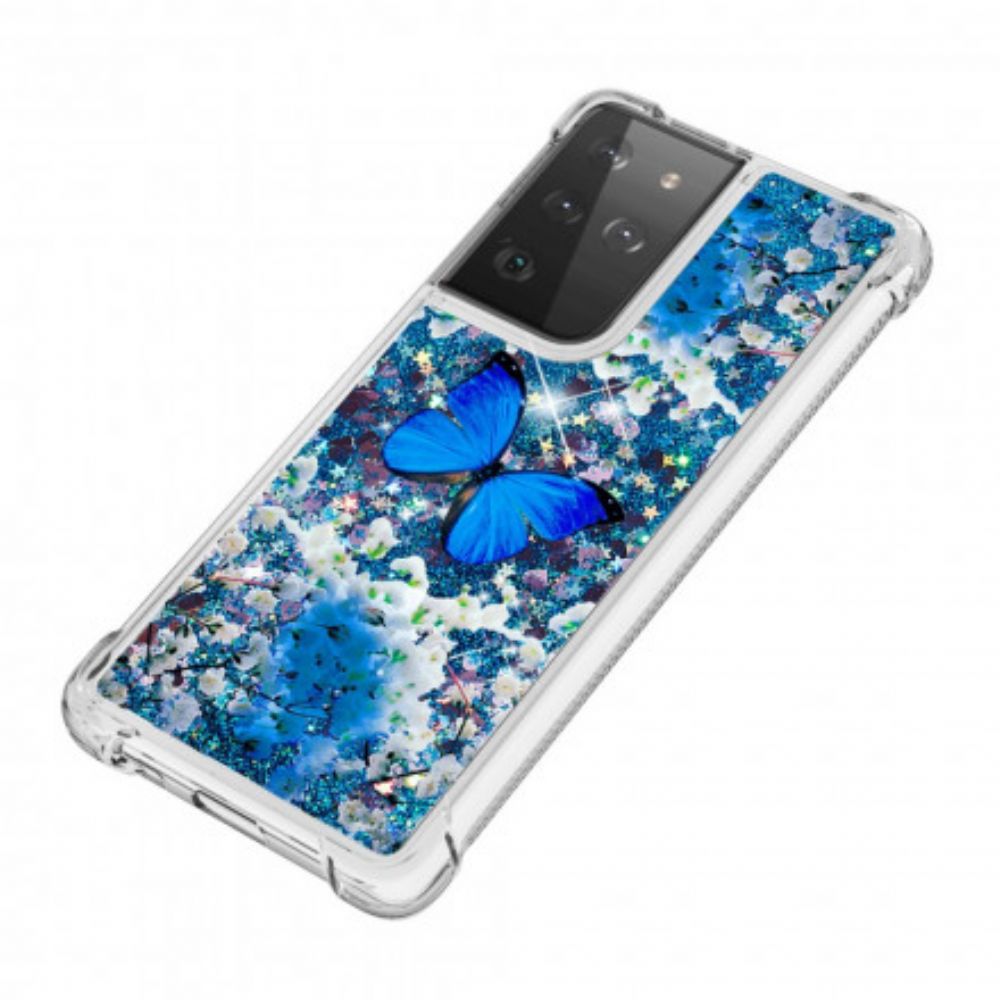 Hoesje voor Samsung Galaxy S21 Ultra 5G Blauwe Glittervlinders