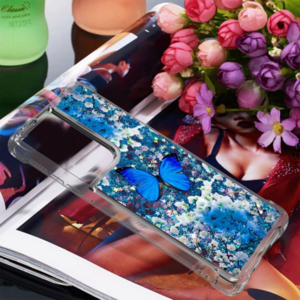 Hoesje voor Samsung Galaxy S21 Ultra 5G Blauwe Glittervlinders