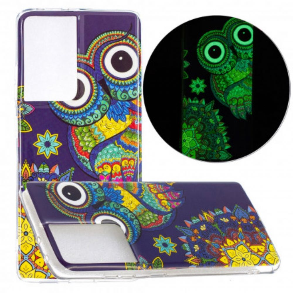 Hoesje voor Samsung Galaxy S21 Ultra 5G Fluorescerende Uil Mandala