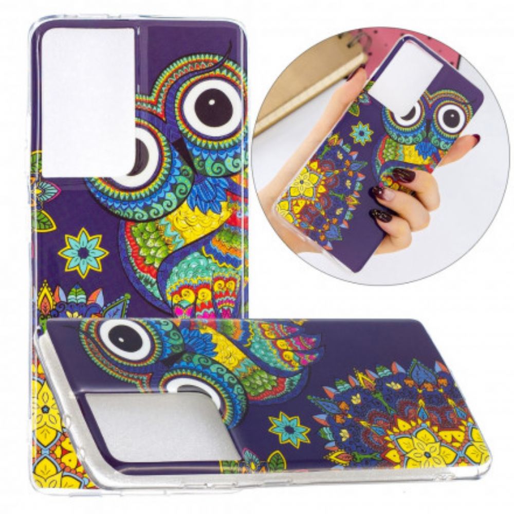 Hoesje voor Samsung Galaxy S21 Ultra 5G Fluorescerende Uil Mandala