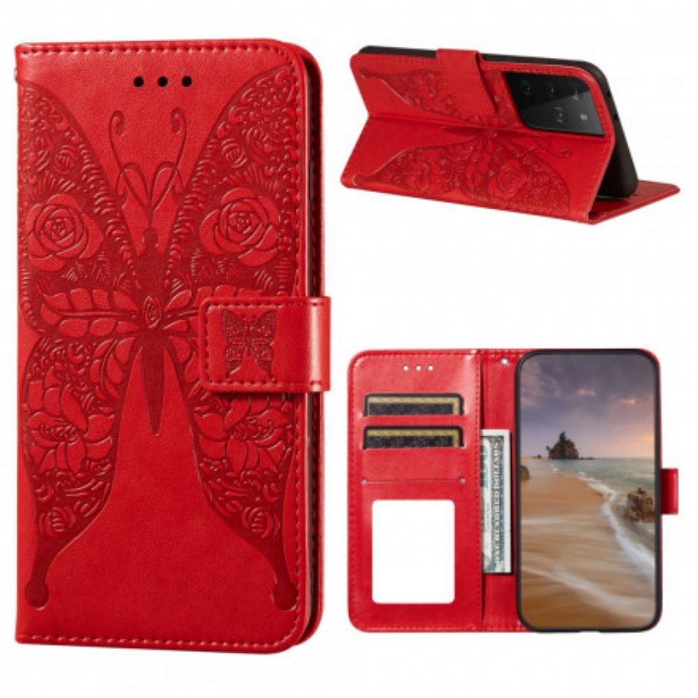 Leren Hoesje voor Samsung Galaxy S21 Ultra 5G Bloempatroon Vlinders