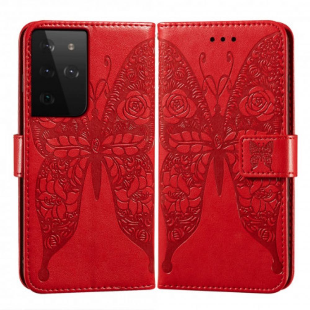 Leren Hoesje voor Samsung Galaxy S21 Ultra 5G Bloempatroon Vlinders