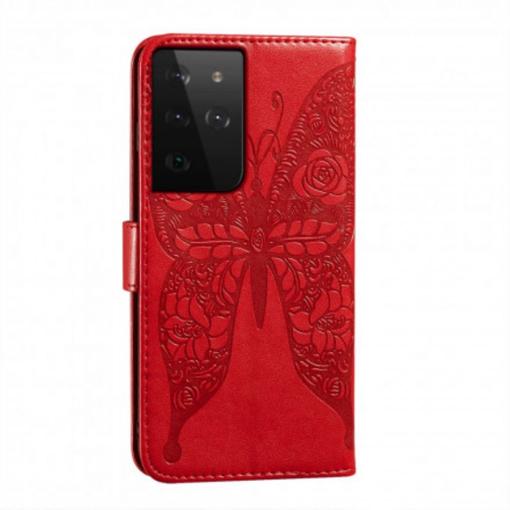 Leren Hoesje voor Samsung Galaxy S21 Ultra 5G Bloempatroon Vlinders