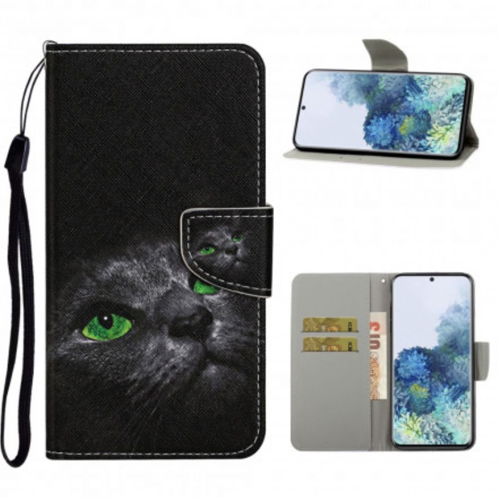 Leren Hoesje voor Samsung Galaxy S21 Ultra 5G Groene Ogen Kat Met Lanyard