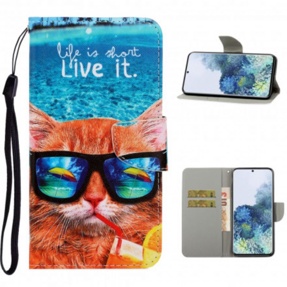 Leren Hoesje voor Samsung Galaxy S21 Ultra 5G Met Ketting Cat Live It Strappy