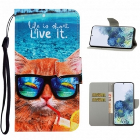 Leren Hoesje voor Samsung Galaxy S21 Ultra 5G Met Ketting Cat Live It Strappy