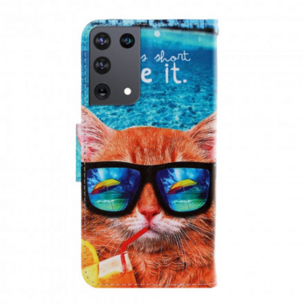 Leren Hoesje voor Samsung Galaxy S21 Ultra 5G Met Ketting Cat Live It Strappy