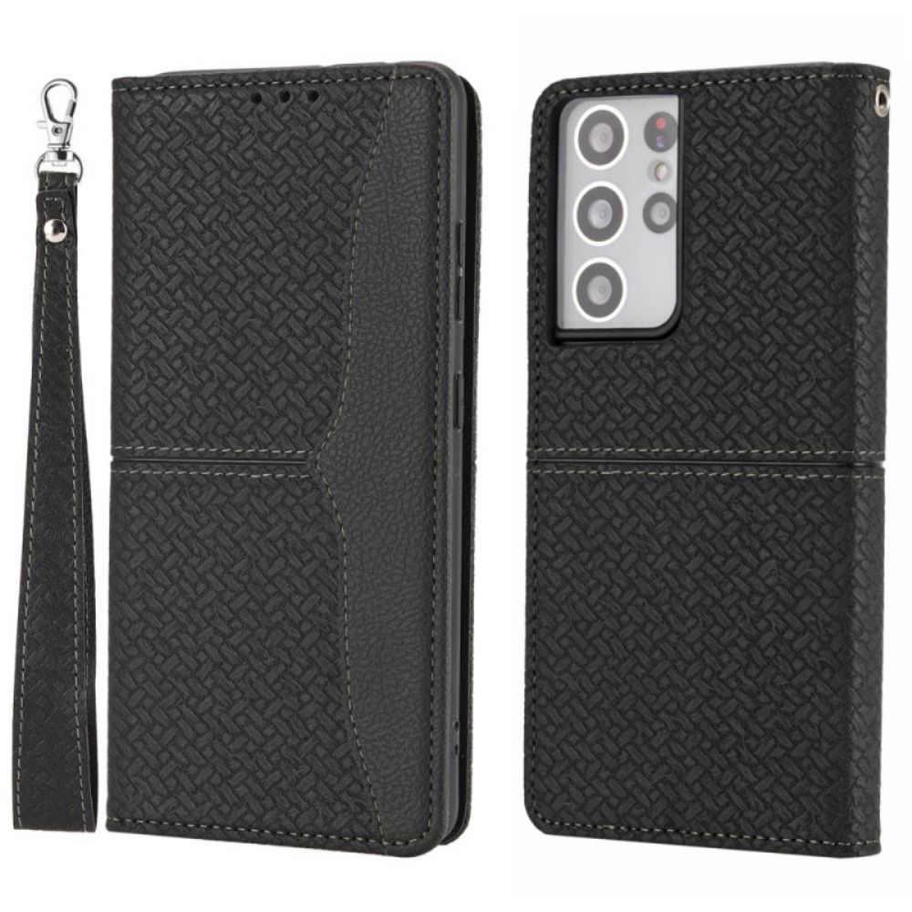 Leren Hoesje voor Samsung Galaxy S21 Ultra 5G Met Ketting Stijl Geweven Leren Band