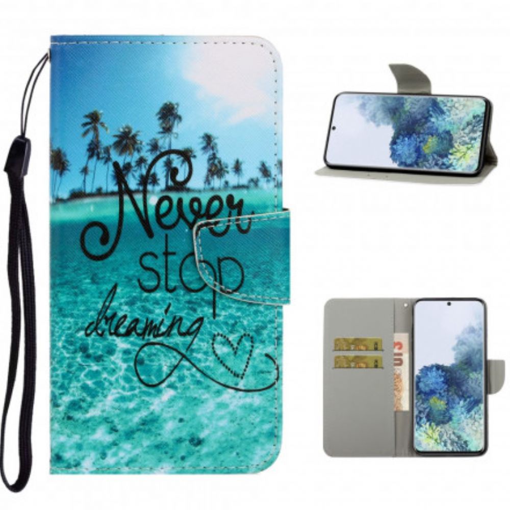 Leren Hoesje voor Samsung Galaxy S21 Ultra 5G Met Ketting Stop Nooit Met Dromen Marineblauwe Strappy