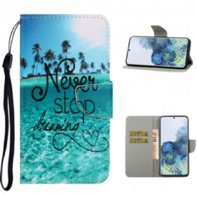 Leren Hoesje voor Samsung Galaxy S21 Ultra 5G Met Ketting Stop Nooit Met Dromen Marineblauwe Strappy