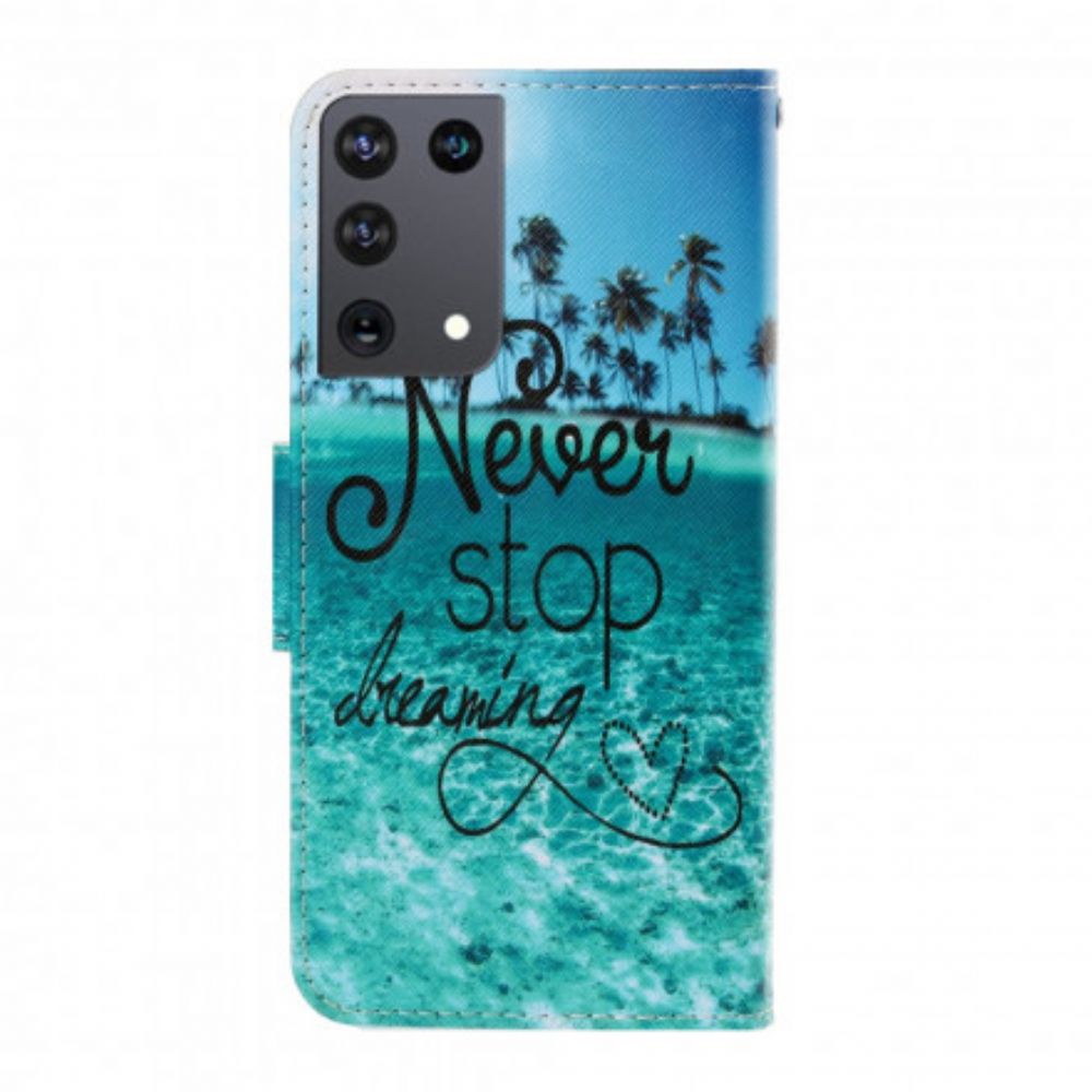 Leren Hoesje voor Samsung Galaxy S21 Ultra 5G Met Ketting Stop Nooit Met Dromen Marineblauwe Strappy