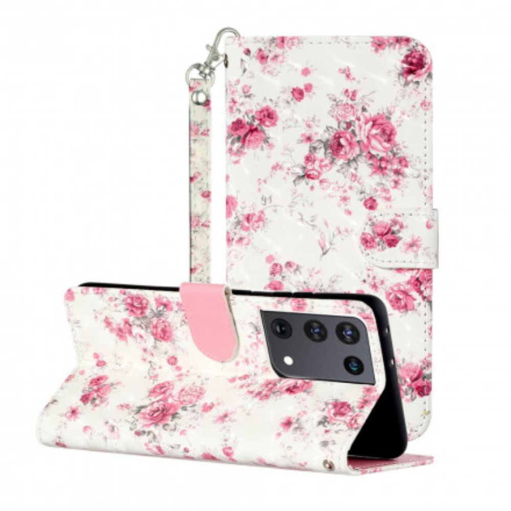 Leren Hoesje voor Samsung Galaxy S21 Ultra 5G Met Ketting Strap Lichtvlek Bloemen