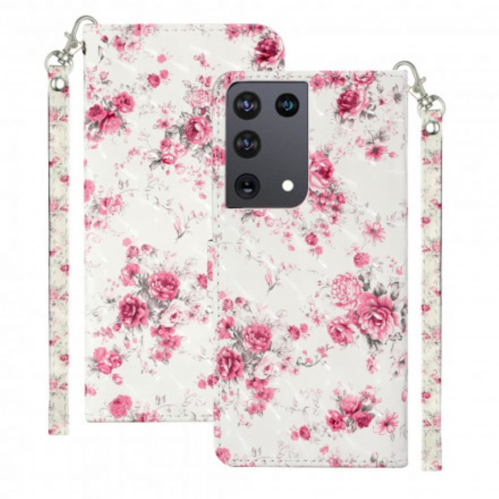 Leren Hoesje voor Samsung Galaxy S21 Ultra 5G Met Ketting Strap Lichtvlek Bloemen